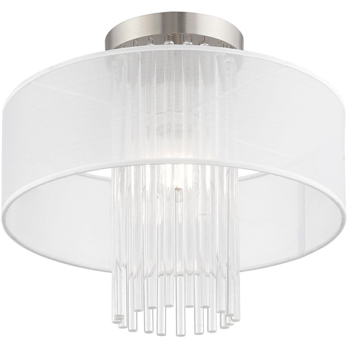 1 Light Brushed Nickel Ceiling Light fixture with Clear Crystal Rods/ Hand Crafted Translucent Fabric Shade