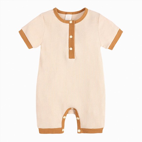 KPOPLK Summer Newborn Boy Clothes Pajama Button Down Short Sleeve Ribbed Romper Collared Bodysuit One-Piece PJM Size 3-6 Months,Beige