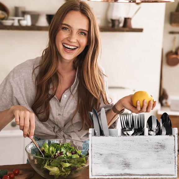 Wood Kitchen Utensil Organizer Rack | 4 Compartment Countertop Storage | White Rectangular Wooden Holder | Removable Divider | Space-Saving Cooking Tool Storage | 10.62"x6.1"x4.13" | Durable Design