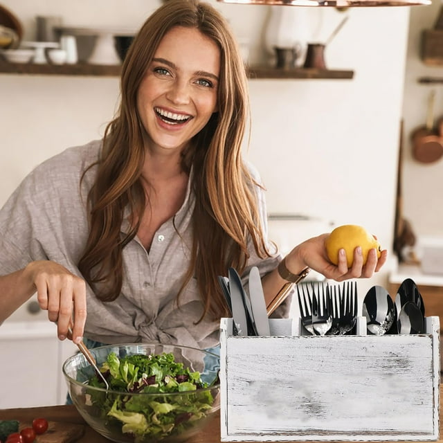 Estante de almacenamiento para utensilios de cocina con 3 compartimentos, organizador de utensilios de madera para encimera de cocina.