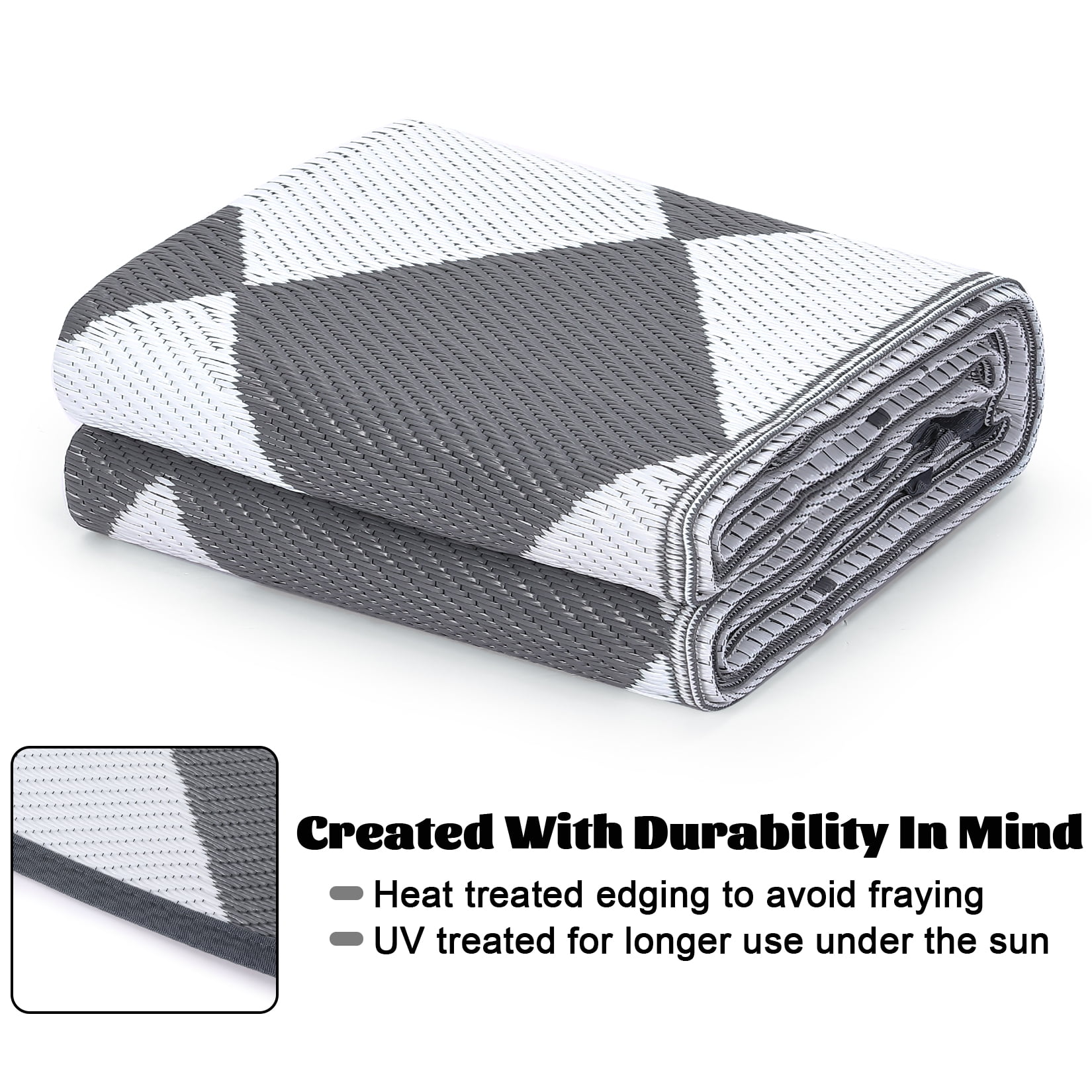 HOMERRY Geometric Plaid Outdoor Rug Straw Plastic Area Rug for Balcony Pool RV Waterproof Reversible Carpet, White/Gray, 9'x 18'