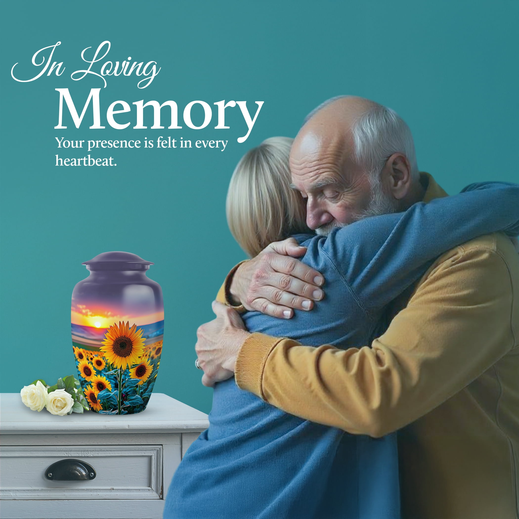 SABURIAL Sunflower Urn - Memorial Urn for Human Ashes - Combo 1 - Large with 3 Inch Pack of 1 - Human Remains for Mom & Dad - Decorative Urns for Adult - Burial Urns