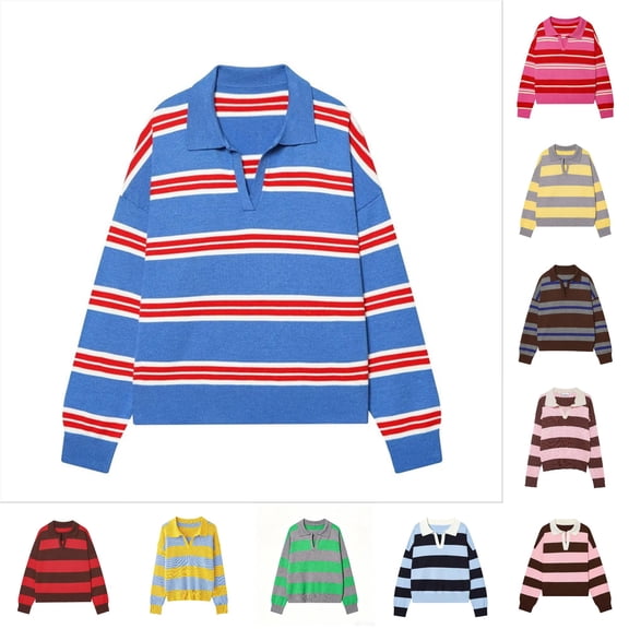 DHFJKG Sweaters For Women Knit Striped Turndown Collar Long Sleeve Oversized Drop Shoulder Pullover Knitwear Comfy Tops