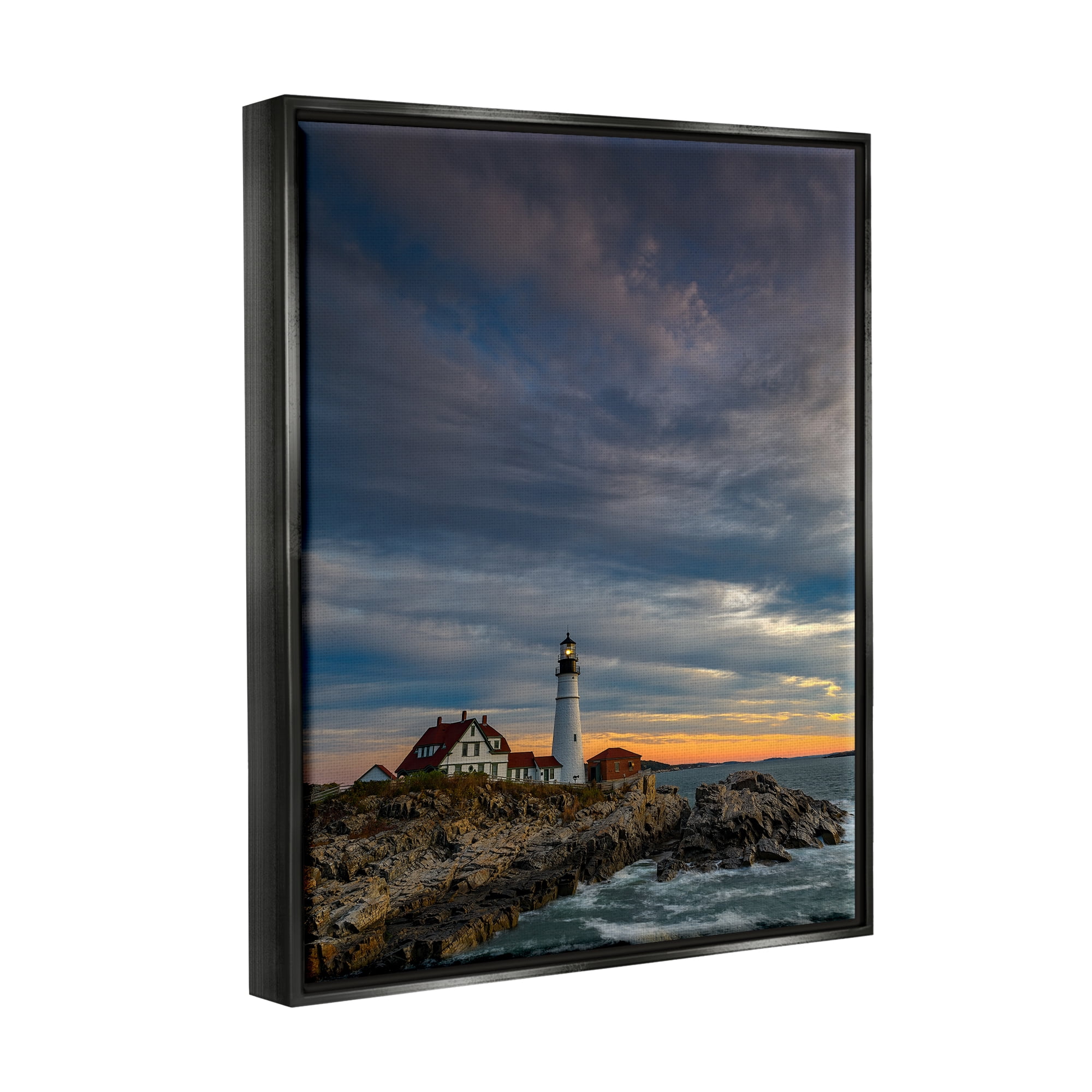 Stupell Seaside Lighthouse Beacon Coast Landscape Photography Black Floater Framed Art Print Wall Art
