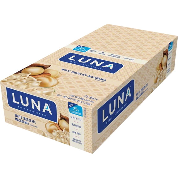 LUNA White Chocolate Macadamia Flavor Gluten Free Snack Bars, Protein Bars, 15ct
