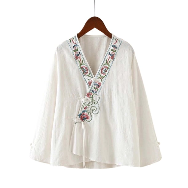 Tops de Manga Corta de las Mujeres Bordado Casual Cuello en V Botón de Color Sólido para Primavera Verano, Mezcla de Poliéster Estilo de Lino para el Uso Diario