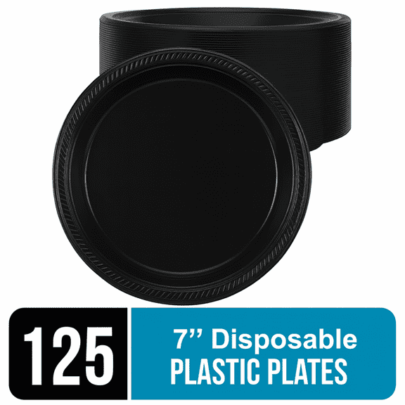 Choice 7" Black Plastic Plates, Disposable Polystyrene, 125-Pack
