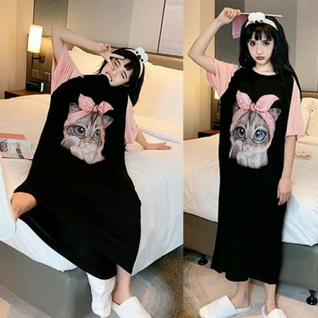 

Women Summer Short Sleeve 3D Cartoon Cat Print Nightgowns Dress Loose Casual Sleepwear