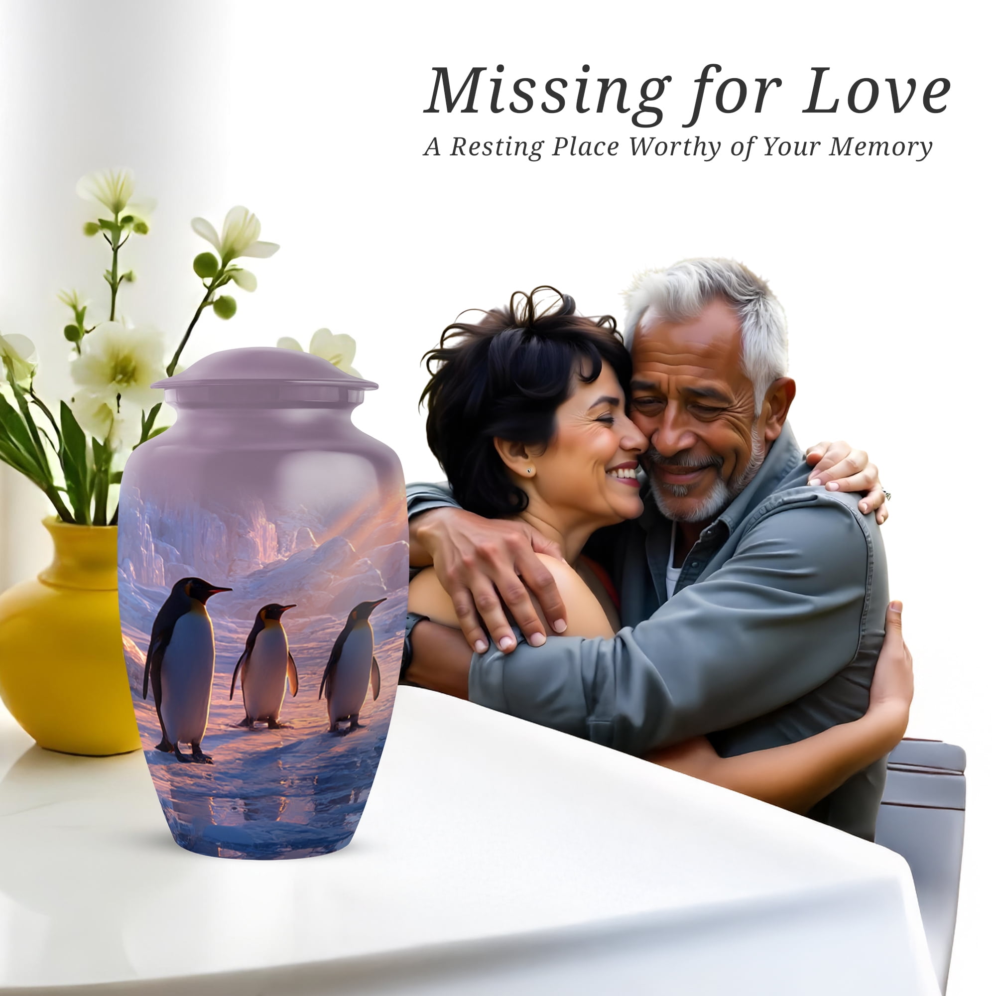 Penguins Large Decorative Urns For Men, Blue Urns For Men Ashes Adult Male, Memorial Cremation Urn For Human Ashes Adult Female, Funeral Urn For Mom And Dad, 10 Inch