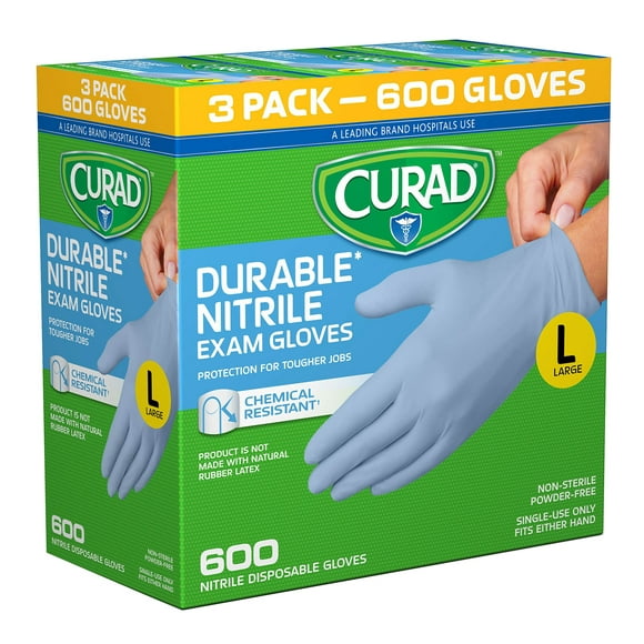 CURAD Gants d'Examen en Nitrile, Durables, Sans Poudre, Résistants aux Produits Chimiques, Grands, 600 Unités, Couleur Peut Varier