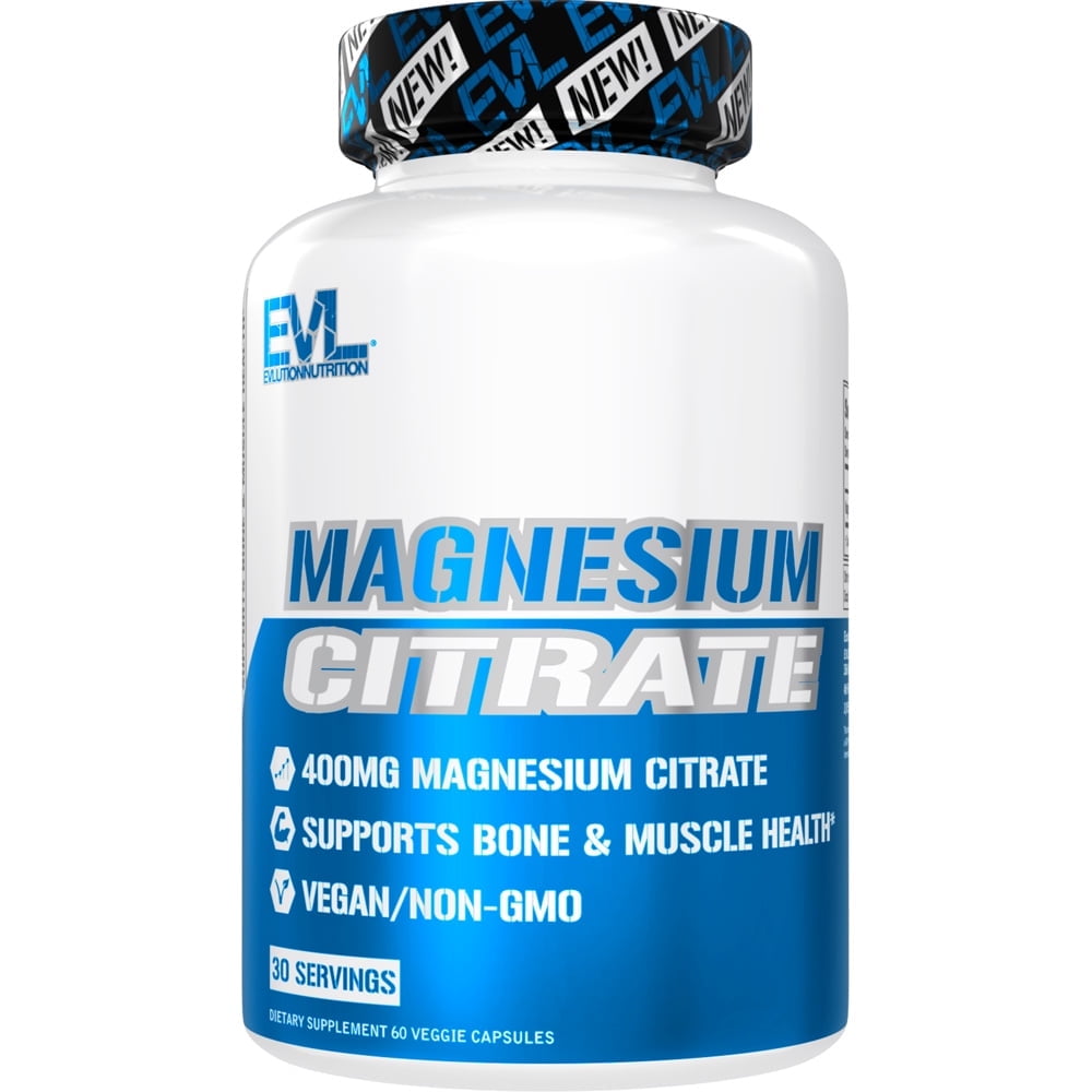 Evlution Nutrition Magnesium Citrate 400mg for Bone & Muscle Health and Natural Sleep Support, 60ct Capsules