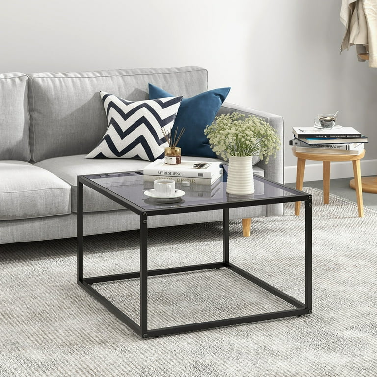 Gymax Glass Coffee Table 27.5 Inch Modern Square Metal Frame
