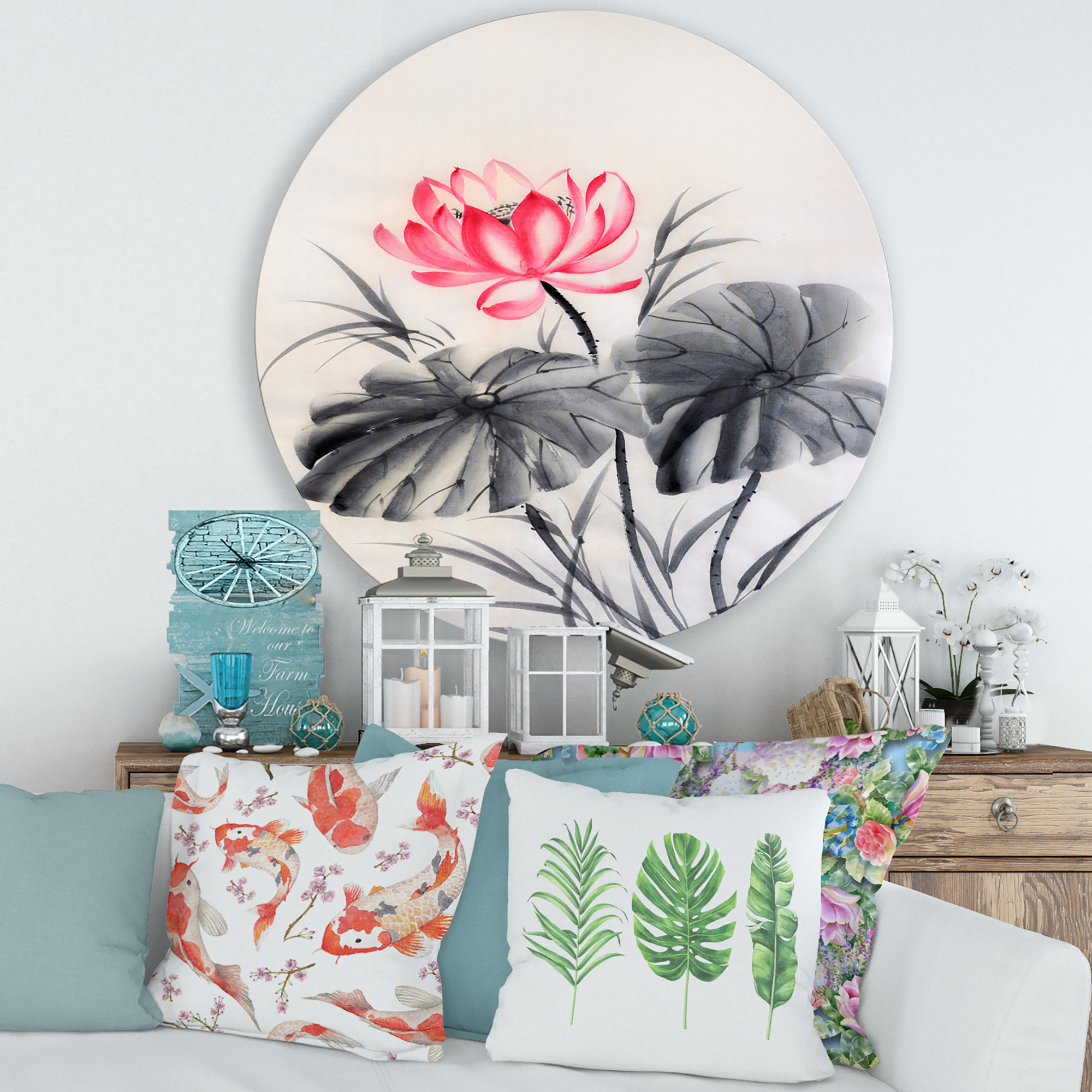 Designart 'Two Monochrome Leaves With Lotus Flower' Traditional Circle Metal Wall Art 29x29 - Disc of 29
