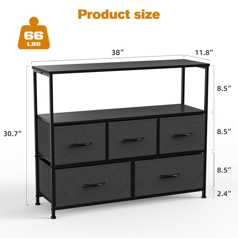 Multi-Purpose Dresser TV Stand with 5 Drawers, Open Shelves & Steel Frame  for Bedroom, Living Room, Closet - Fits TV up to 45 Inches, Black