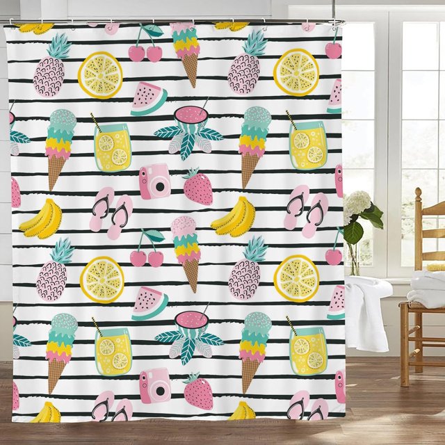 Summer Fruit Ice Cream Shower Curtain - 72x72 Inch Colorful Cool Treats Fun Bathroom Decor Waterproof Polyester Fabric Includes Hooks