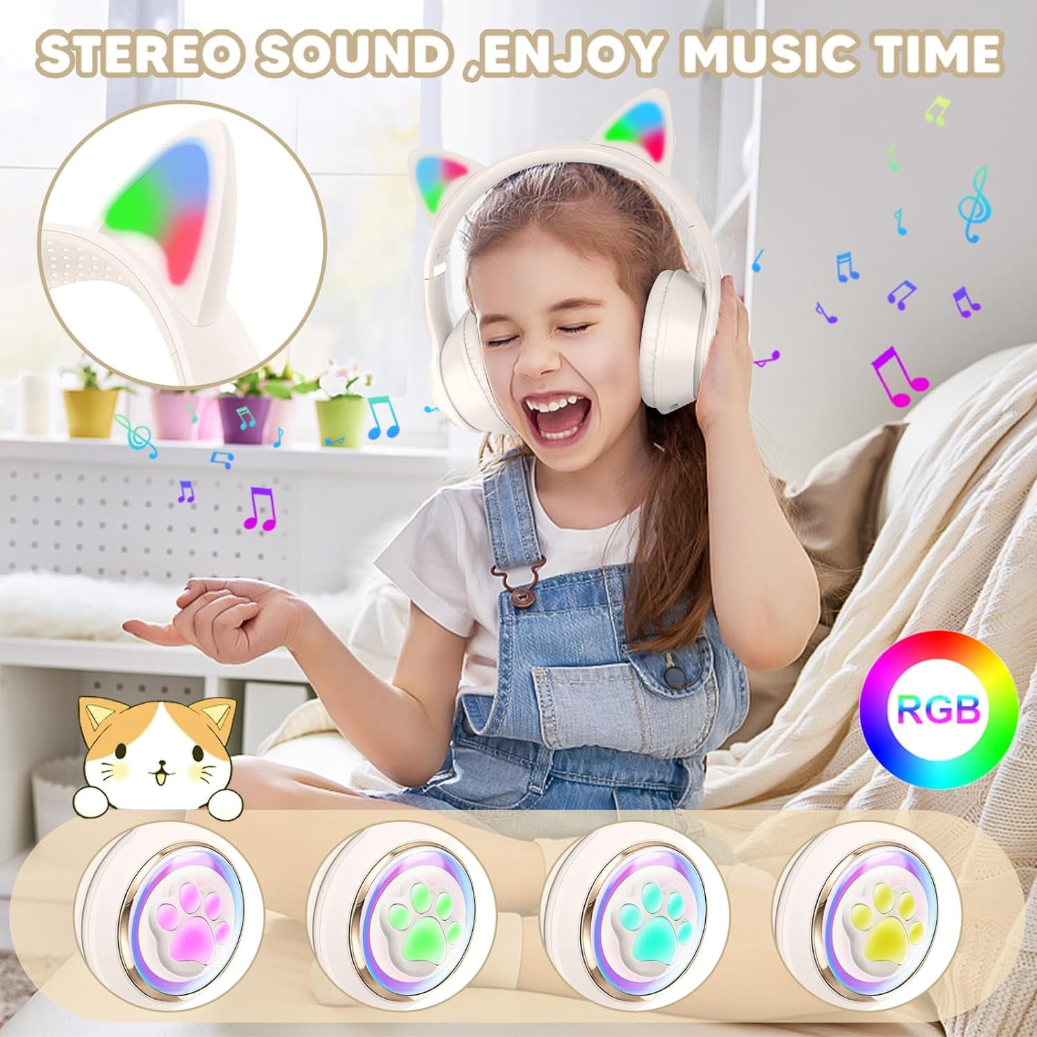 QearFun Cat Headphones for Girls Kids for School, Kids Bluetooth Headphones with Microphone & 3.5mm Jack, Teens Toddlers Wireless Headphones with Adjustable Headband for Tablet/PC-White