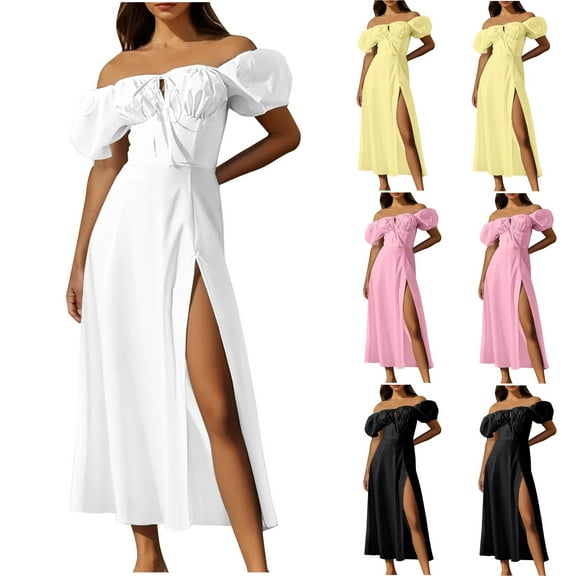 Jinhomg Wedding Guest Dresses for Women Elegant off Shoulder Maxi Dress Dressy Casual Puff Sleeve Lace Up Split Dresses Cocktail Party Outfit Black XXL