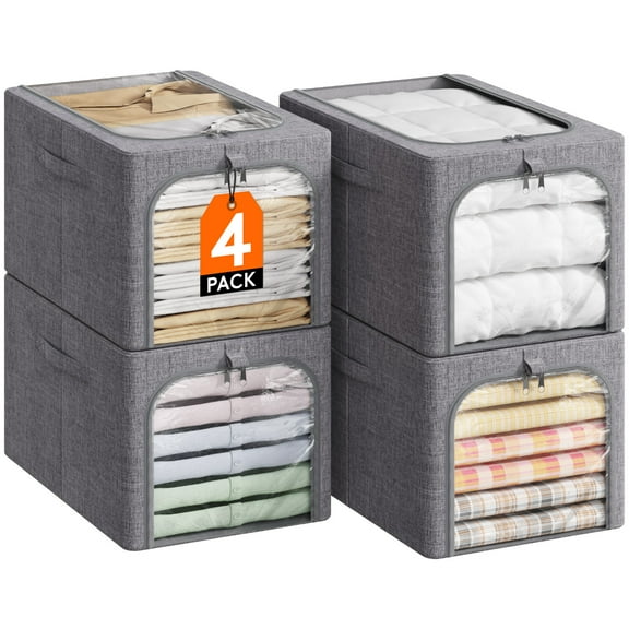 Lifewit 4 Pack Clothes Storage Bins with Metal Frame, Foldable Clothing Storage Bins with Lids, 40L Stackable Storage Box Storage Bags Fabric Bins Organizer with Clear Window& Zippers& Sturdy Handles