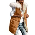 thumbnail image 5 of Long Puffer Vests for Women Outerwear Fleece Fall Winter Warm Sleeveless Zip up Detachable Hat Collar Coat with Pockets New Brown XXL, 5 of 9