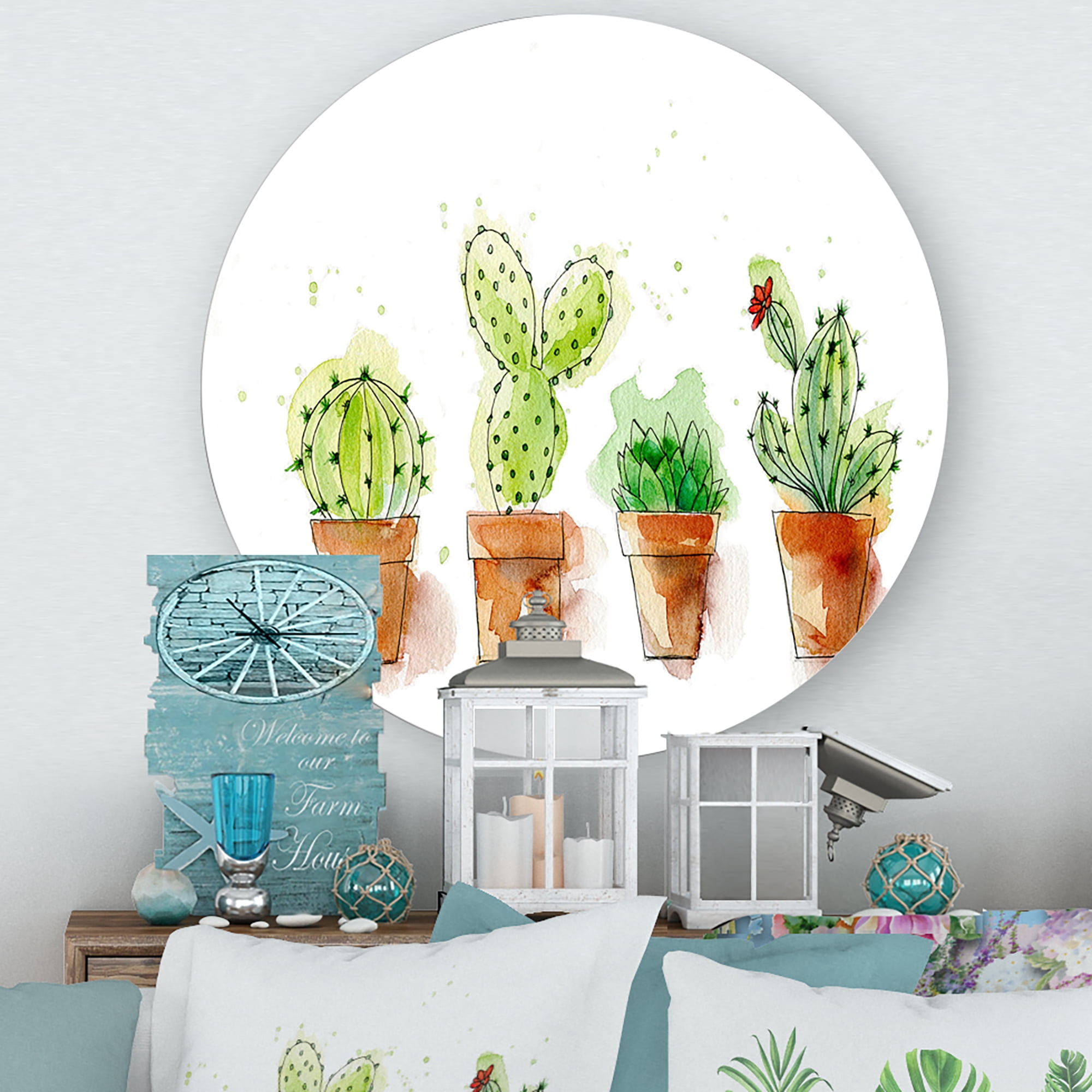 Designart 'Cacti In Gentle Tones In Ceramic Pots I' Traditional Circle Metal Wall Art 23x23 - Disc of 23