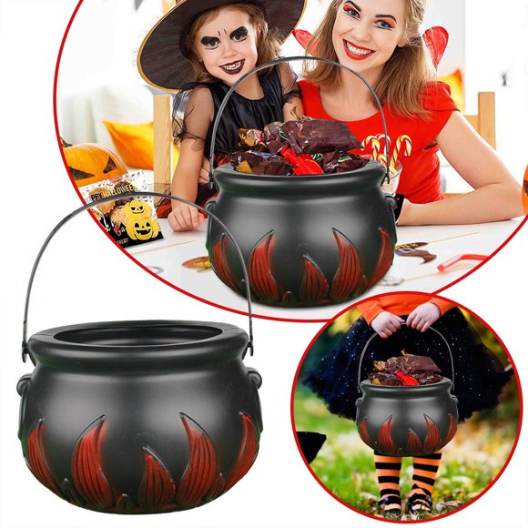 ⚡ Big Sale ! Halloween Witch Cauldron Handheld Plastic Flame Barrel Black Cauldron Halloween Candy Buckets Candy Holder Pot With Handle For Halloween Party Decorations