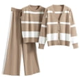 thumbnail image 4 of 3 Piece Knit Striped Sets for Women Long Sleeve Buttons Cardigans Coat and Crewneck Tank Sweater with High Waist Wide Leg Pants Suits Khaki,Free Size, 4 of 5