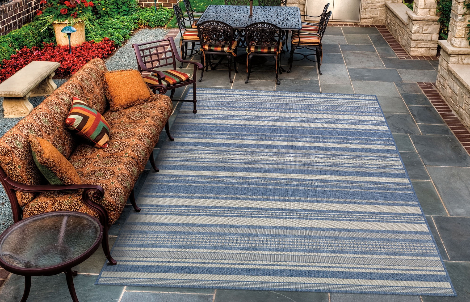 Couristan Recife Gazebo Stripe Indoor / Outdoor Area Rug, Champagne- Blue, 5'3" x 7'6"