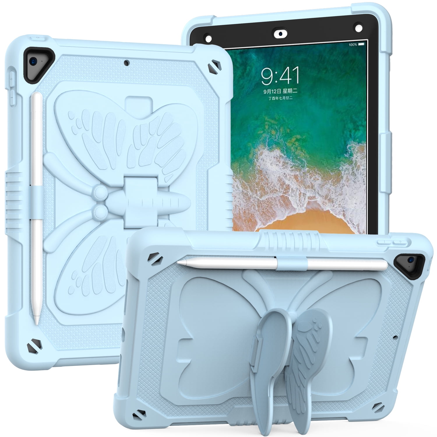 For Apple iPad 10th Gen 2022 Butterfly Wings Kickstand Tough Hybrid with Pencil Holder Heavy Duty Rugged Shockproof Cover ,Xpm Phone Case [ Light Blue ]