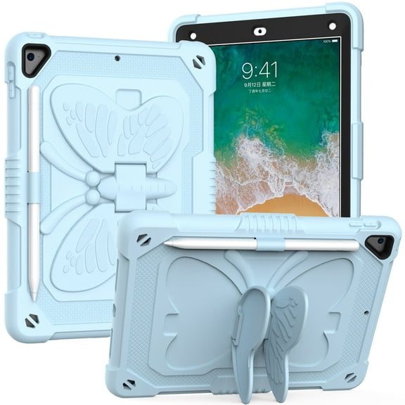 Case For Apple iPad iPad 8 / 7 (10.2 inch) Butterfly Wings Kickstand Tough Hybrid with Pencil Holder Heavy Duty Rugged Shockproof Tablet Cover [ Light Blue ]