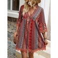thumbnail image 2 of MORTTIC Women's Boho Print Mini Dress V-Neck 3/4 Sleeve Flowy Casual Summer Beach Sundress, S, 2 of 6