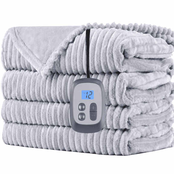 SUNNY HEAT Heated Electric Blanket Soft Flannel Full Size 72" x 84", Fast Heat, 10 Heating Settings & 12 Hours Auto Shut-off,Light Grey