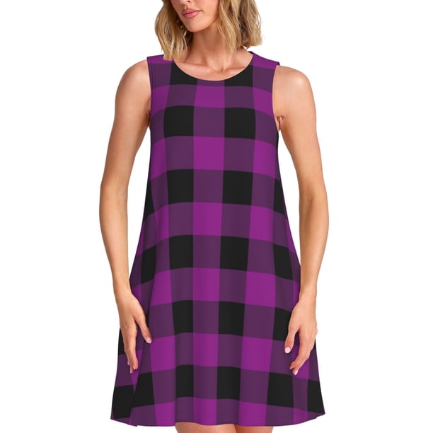 Fotbe Purple Black Plaid Vestido de Verano sin Mangas para Mujer – Vestido Midi Línea A, Estilo Camiseta Floral, Vestido Playero Casual y Fluido