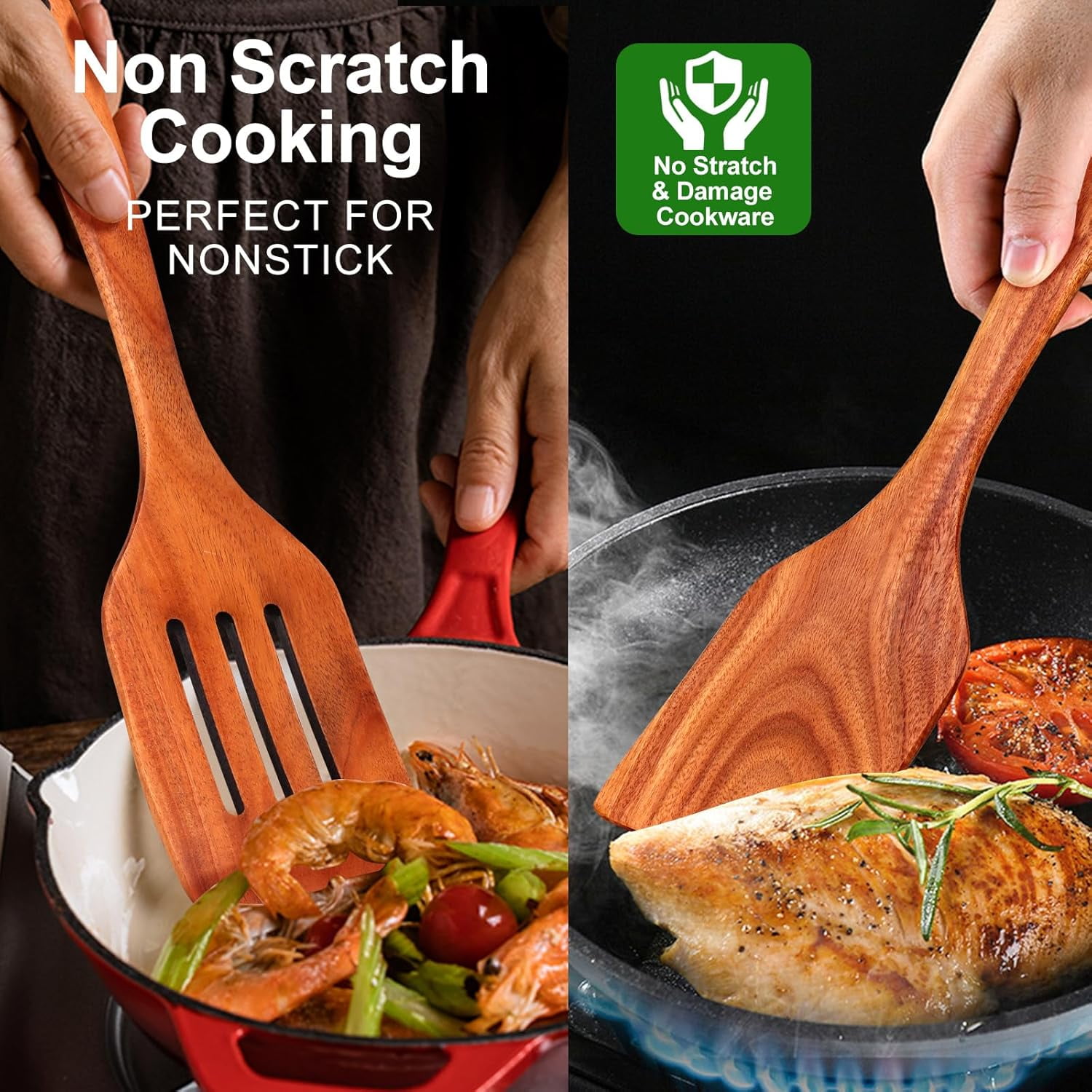 12 Pcs Teak Wooden Spoons for Cooking– Non-Toxic, Non-Stick Kitchen Utensils Set Wood Spatulas with Hooks, Spoon Rest & Holder – Lightweight, Heat Resistant, Eco-Friendly.