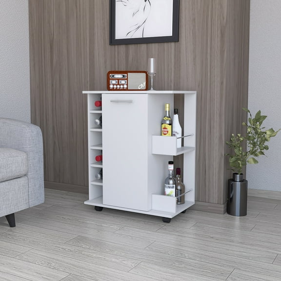 Living Room Cabinets Newport Bar Cart with Casters, 6-Built In Rack and 2 Open Shelves,Wooden Cabinets
