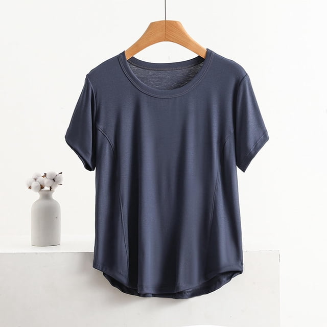 AherBiu T-Shirts pour Femmes Grande Taille Col Rond Manches Courtes Hauts Entraînement Décontracté Été T-Shirt Doux Uni Basique T-Shirts