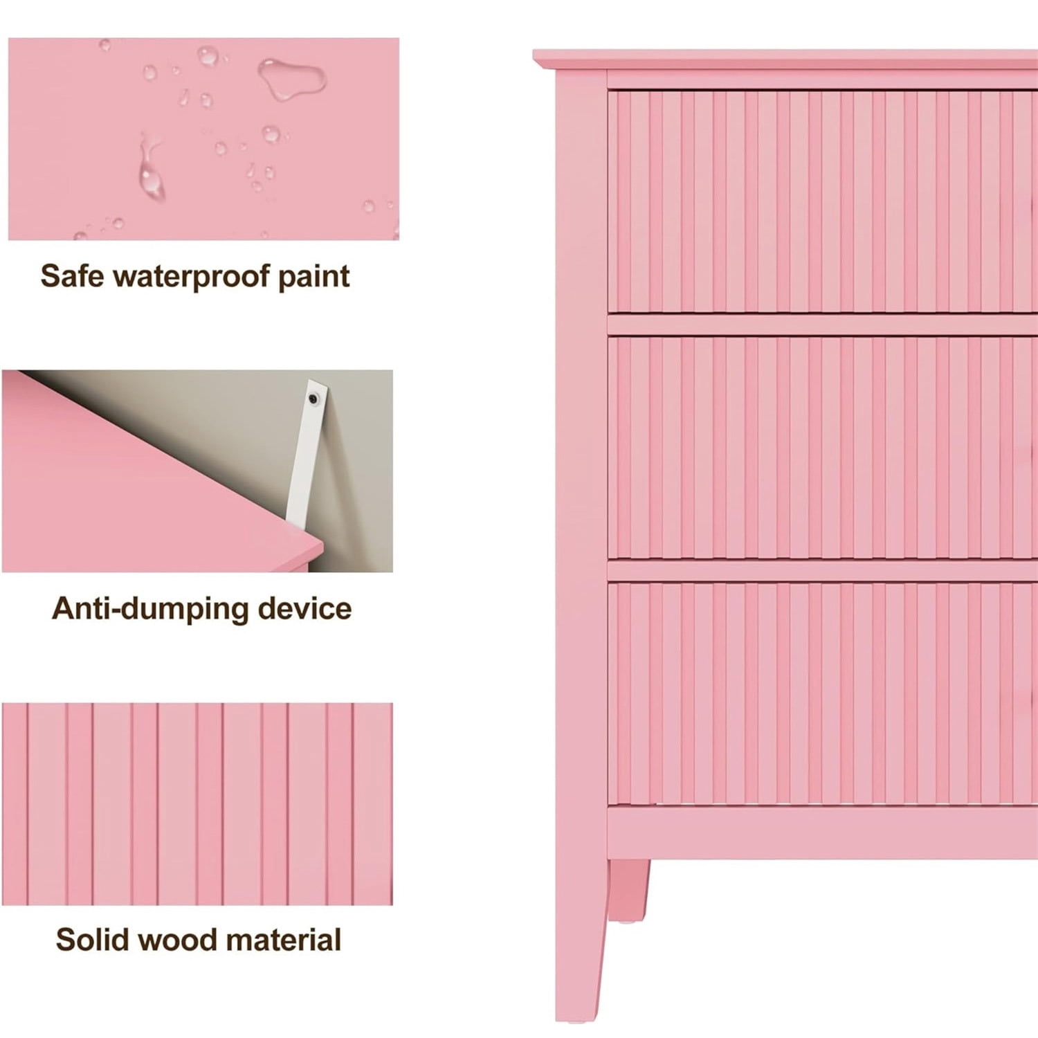 Hommoo 32"W Wooden Fluted 3-Drawer Nightstand, Large Modern Bedroom End Table, Pink
