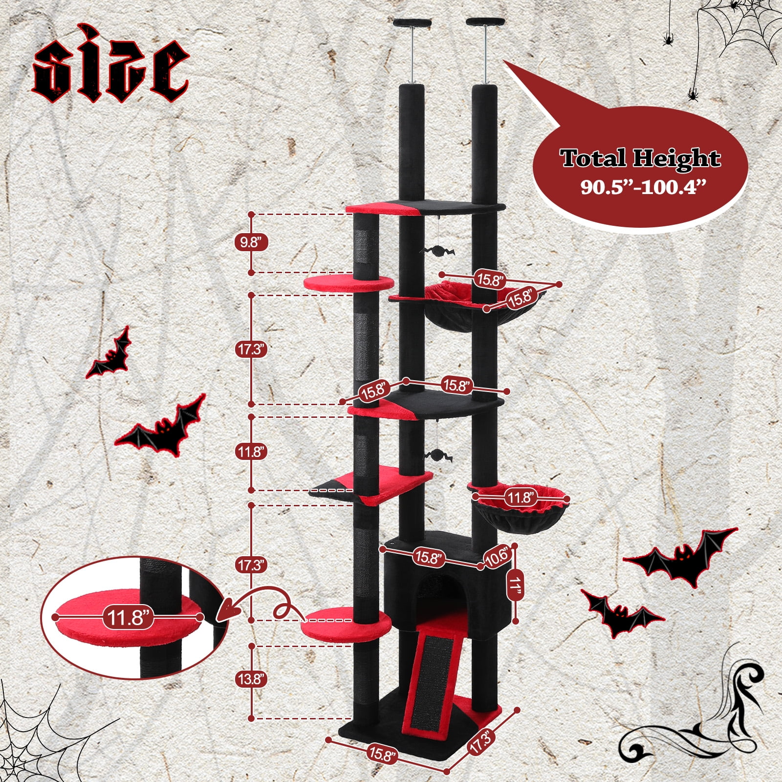 Pefilos Floor to Ceiling Tall Cat Tree Tower Adjustable (90.5"-100.4") with Cat Condo, Cat Hammock and Scratching Post, Cat Climbing Tree for Indoor Large Cats, Black