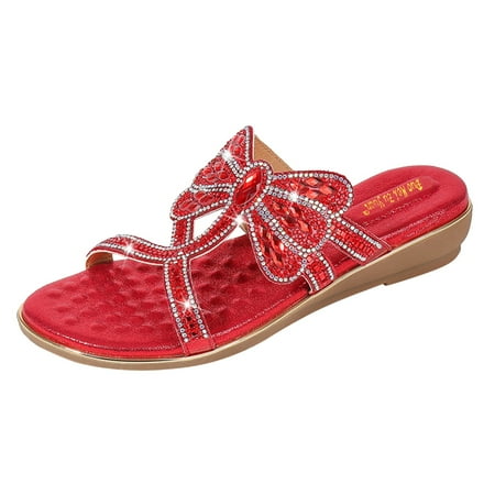 

B91xZ Sandals for Women Dressy Summer Soft Women s Sole Fashion Animal Rhinestone Round Sandals Wedge Shoes Toe Women s Red Size 9.5