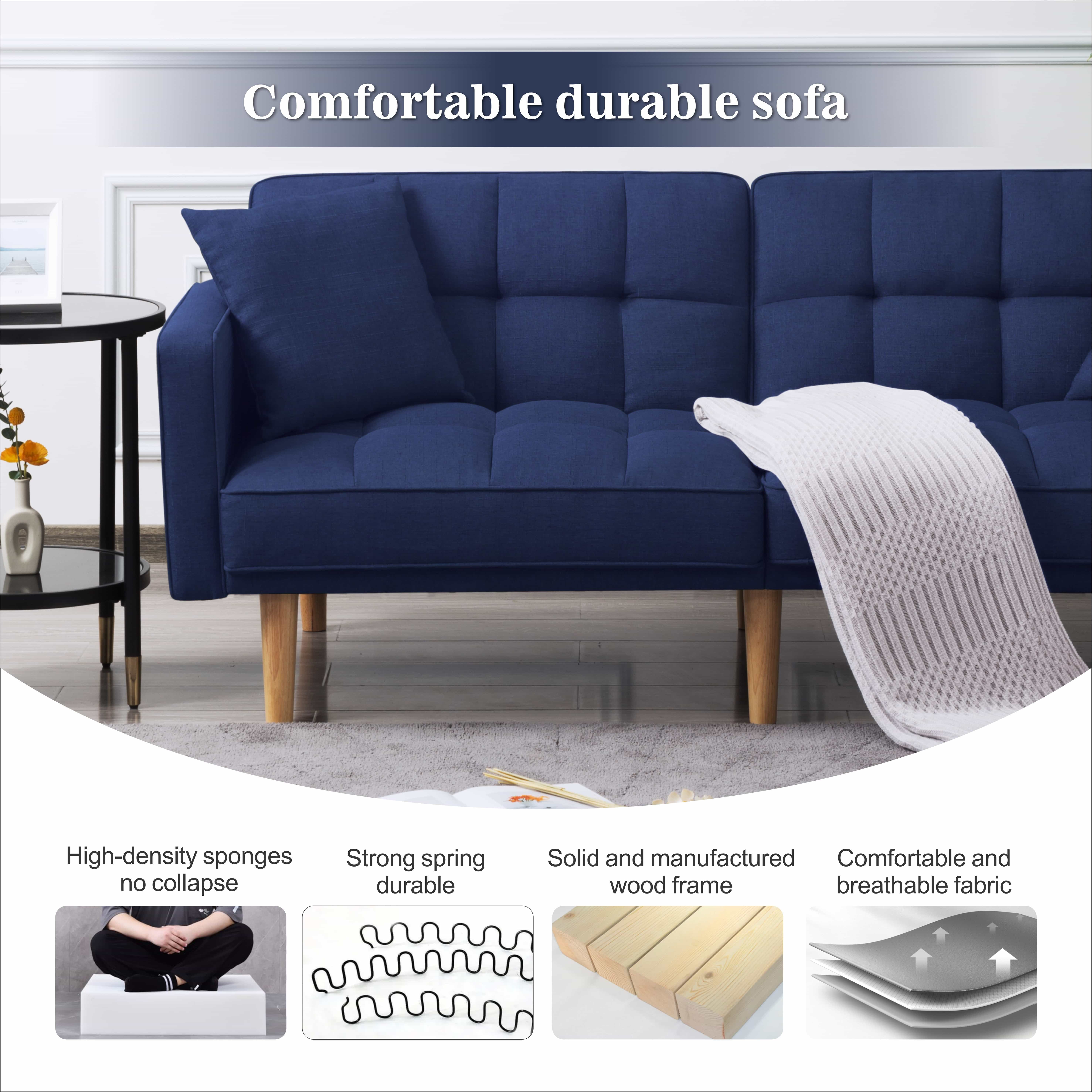 BSHTI 71.5 inch Modern Adult Futon Sofa Bed,Adult Sleeping Chouch with 2 Pillows for Livingroom,Navy Blue