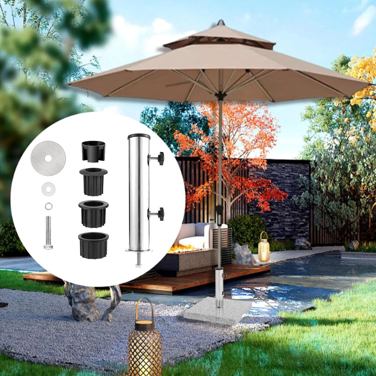 Patio Umbrella Stand Base,Deck Mount Umbrella Holder,Universal Parasol Standpipe with 3 Pieces  Reducing Ring,Umbrella Baser Standpipe for Granite, Cement Panel