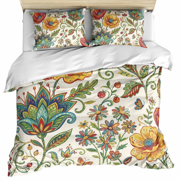 Green Yellow Paisley Bedding 3 Piece Duvet Cover Set Queen Size, Vintage Boho Floral Botanical Soft Microfiber Comforter Cover with Zipper Closure & Pillowcases, Wrinkle & FadeResistant Quilt Cover