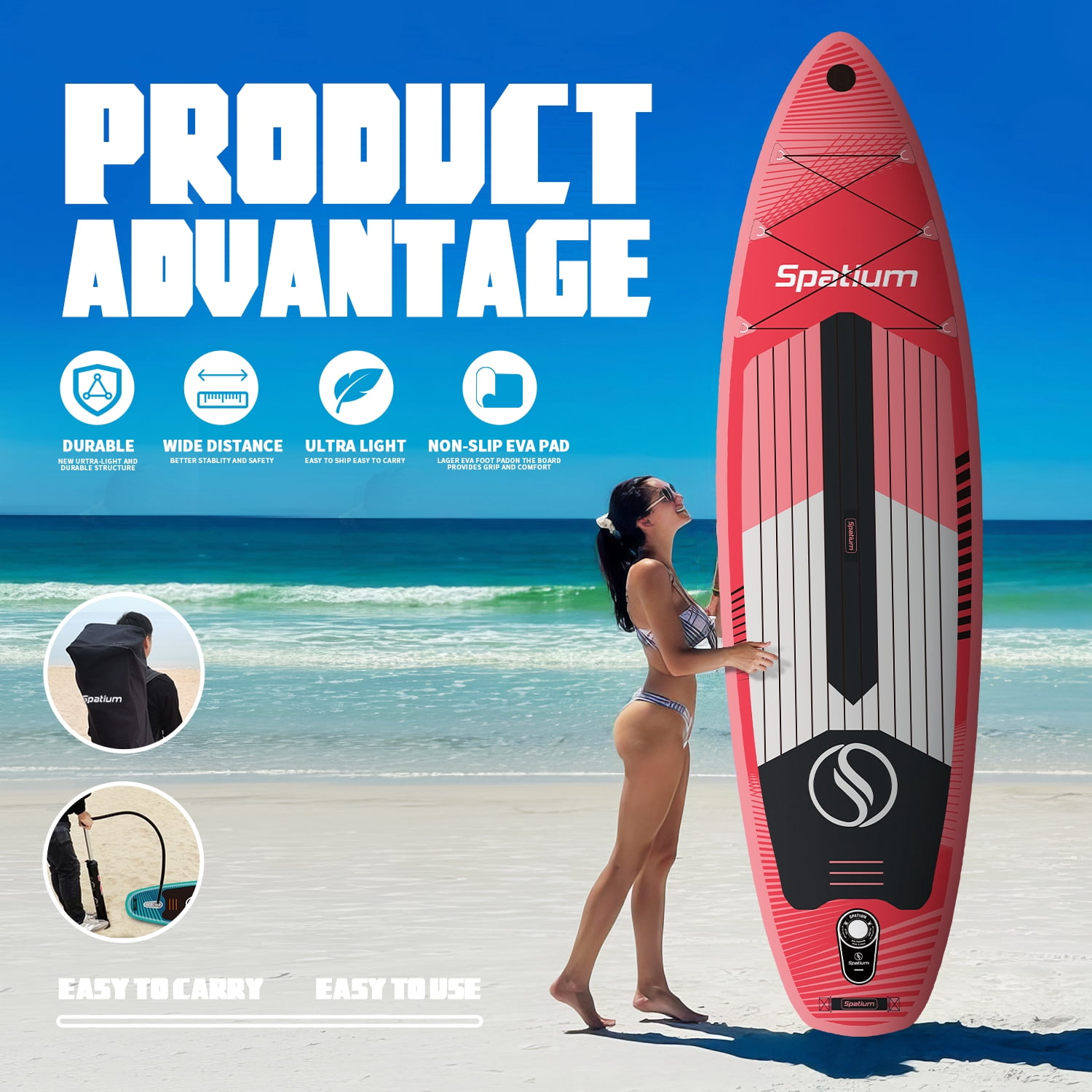 Spatium Sup Paddle Board 10'6''×31''×6'' Inflatable Stand Up Paddle Board with Premium Sup Accessories Including Backpack,Fins, Leash, Paddle, Pump Inflatable Paddle Board for Adults Pink