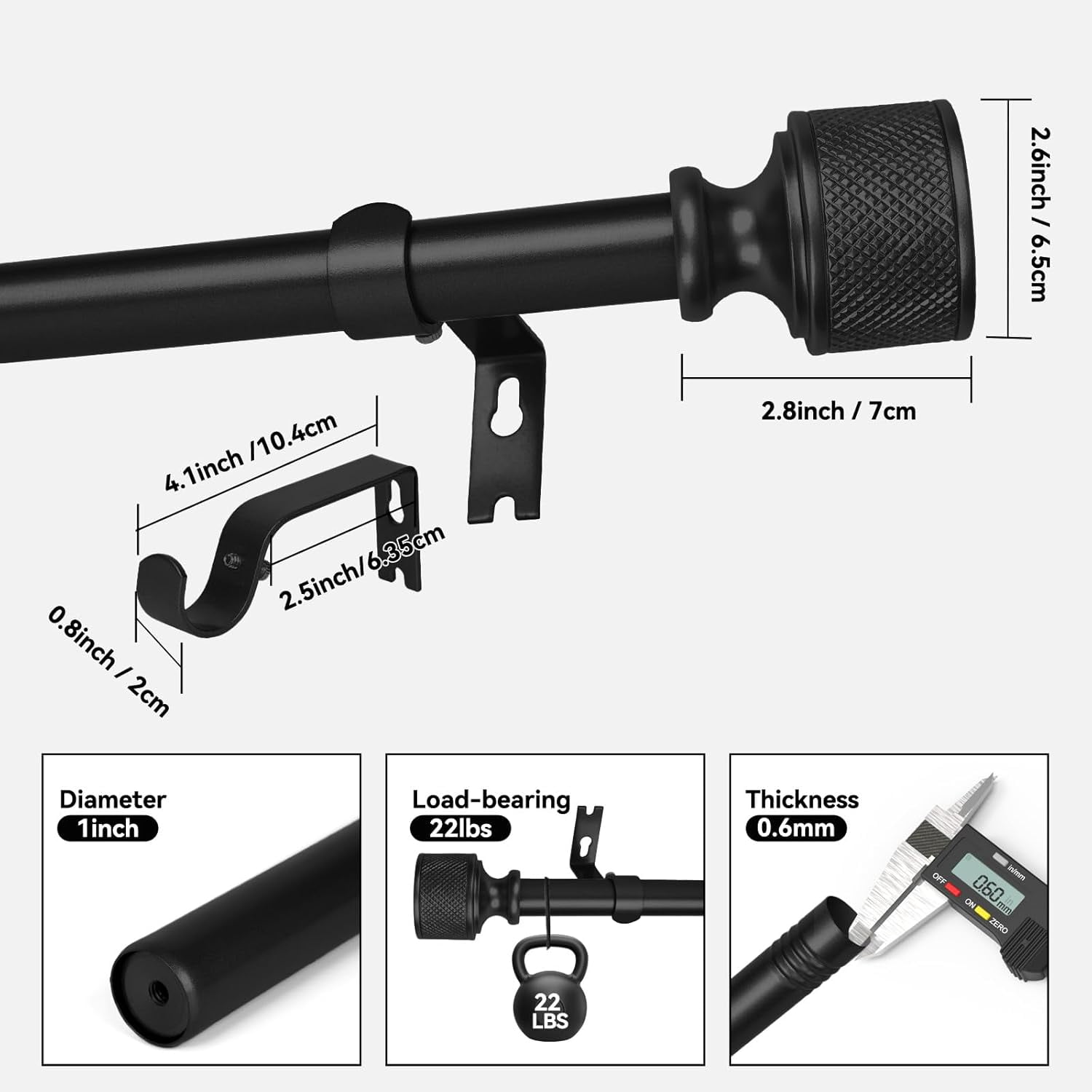 Curtain Rods for Windows 18 to 37 Inch, 1 Inch Diameter Modern Adjustable Decorative Drapery Rods, Window Curtain Rod with Dumbbell Design Finials, Black with Gold edge Finishing, Size:18"-45"