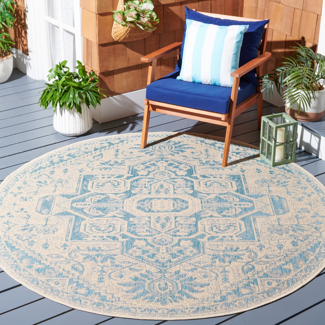 SAFAVIEH Beach House Jose Geometric Indoor/Outdoor Area Rug Aqua/Cream, 5'3" x 7'6"