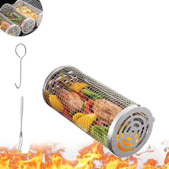 Mosawomo Rolling Grilling Baskets for Outdoor Stainless Steel Mesh Drum for The Barbecue Grill Used for Vegetables Fish and Meat