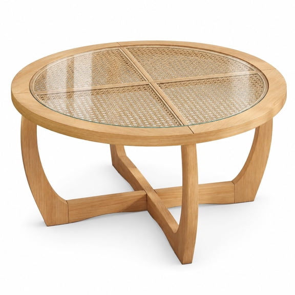 Round Wooden Coffee Table with Glass Rattan Top, 32.28x18.15, Removable Glass Top and Curved Legs, Light Brown Center Table for Living Room