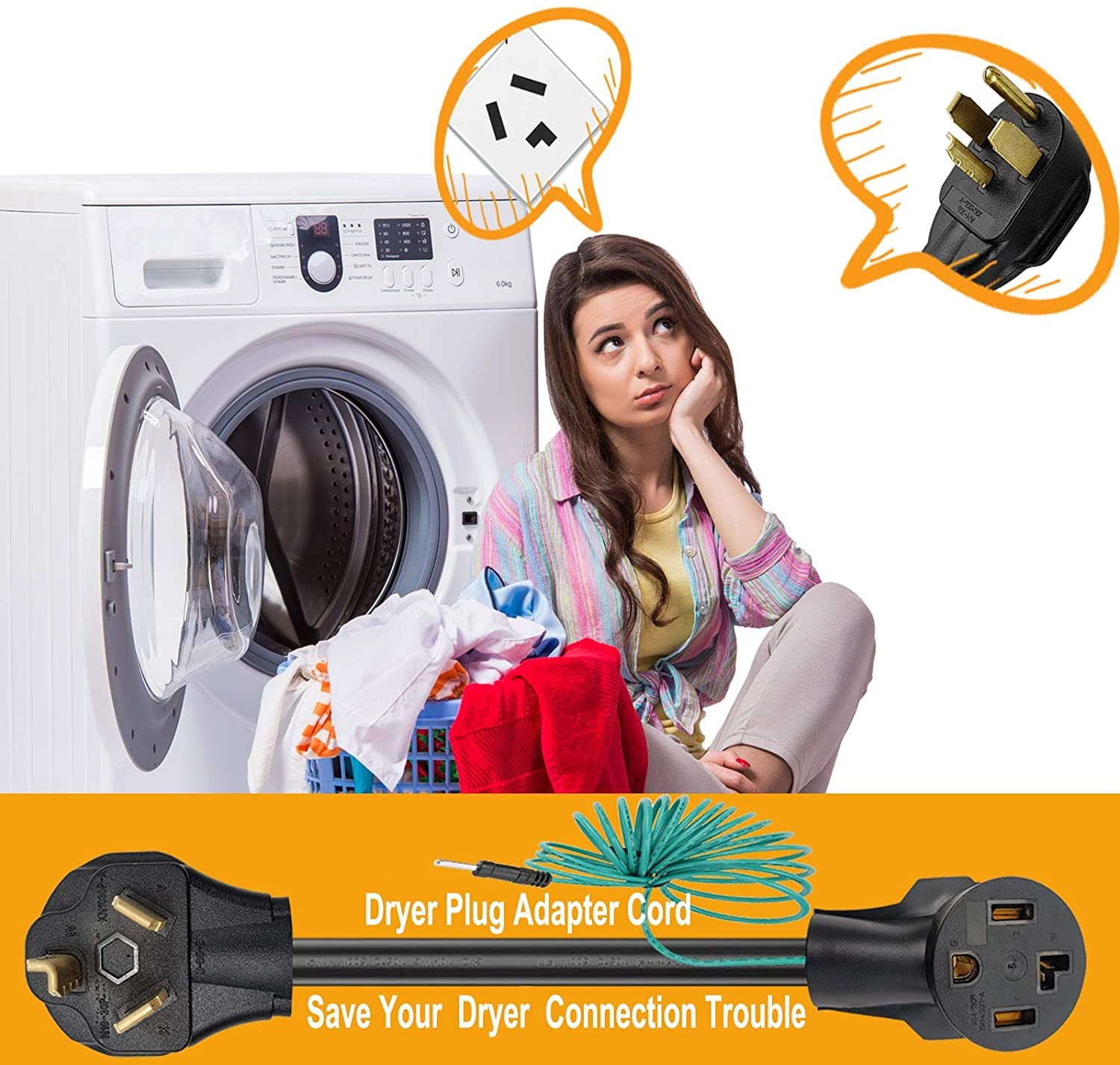 Dryer Adapter Cord, 4 Prong to 3 Prong Dryer Adapter Cord Convert 4 Prong Dryer Plug to 3 Prong Wall Outlet, Nema 10-30P Male to 14-30R Female with Safety Ground Wire, 1.5FT STW 10AWG 30Amp 110V/250V