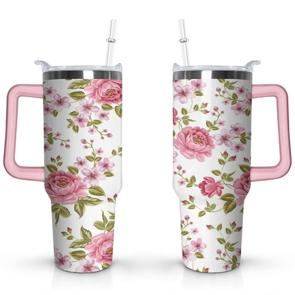 40oz Pioneer Tumbler with Handle Lid and Straw,Colorful Floral Tumblers Gifts for Women Girls Men Adults(Pink)