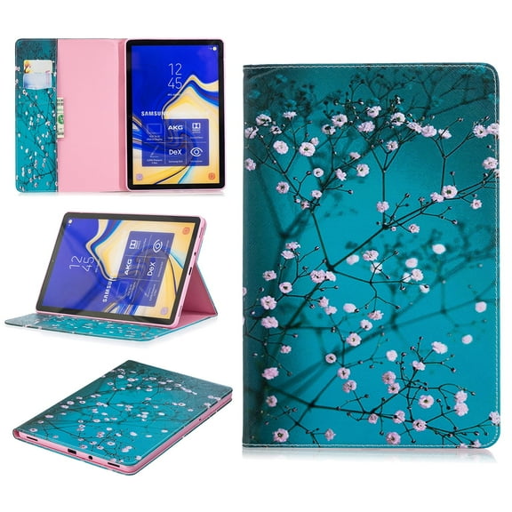 Allytech Folio Case for Samsung Galaxy Tab S4 10.5 2018 Model SM-T830/T835/T837, [Corner Protection] Premium PU Leather Stand Case Cover with Credit Card Cash Holder, Plum Blossom