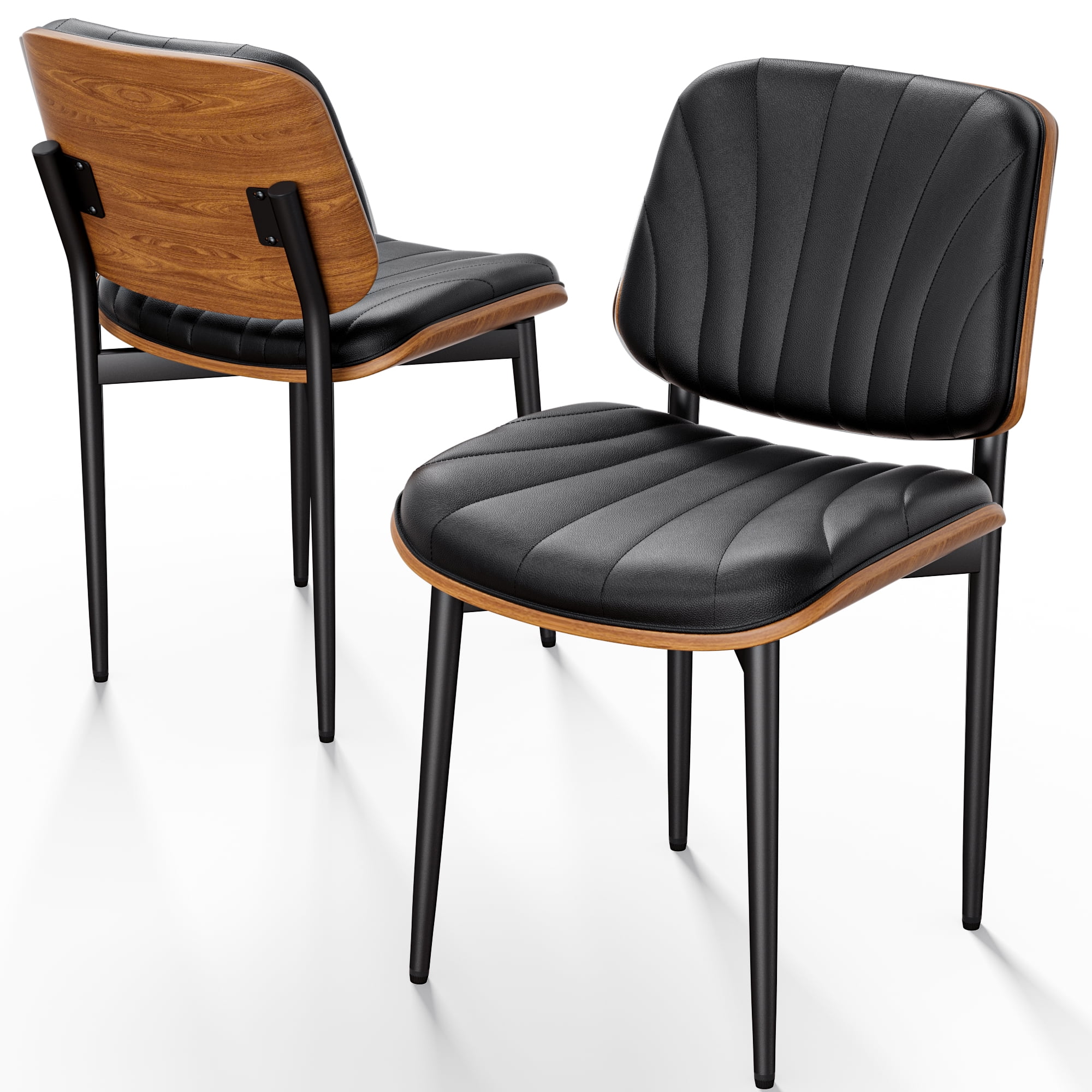 GIKPAL Mid Century Modern Walnut Back PU Faux Leather Dining Chairs, Black (Set of 2)